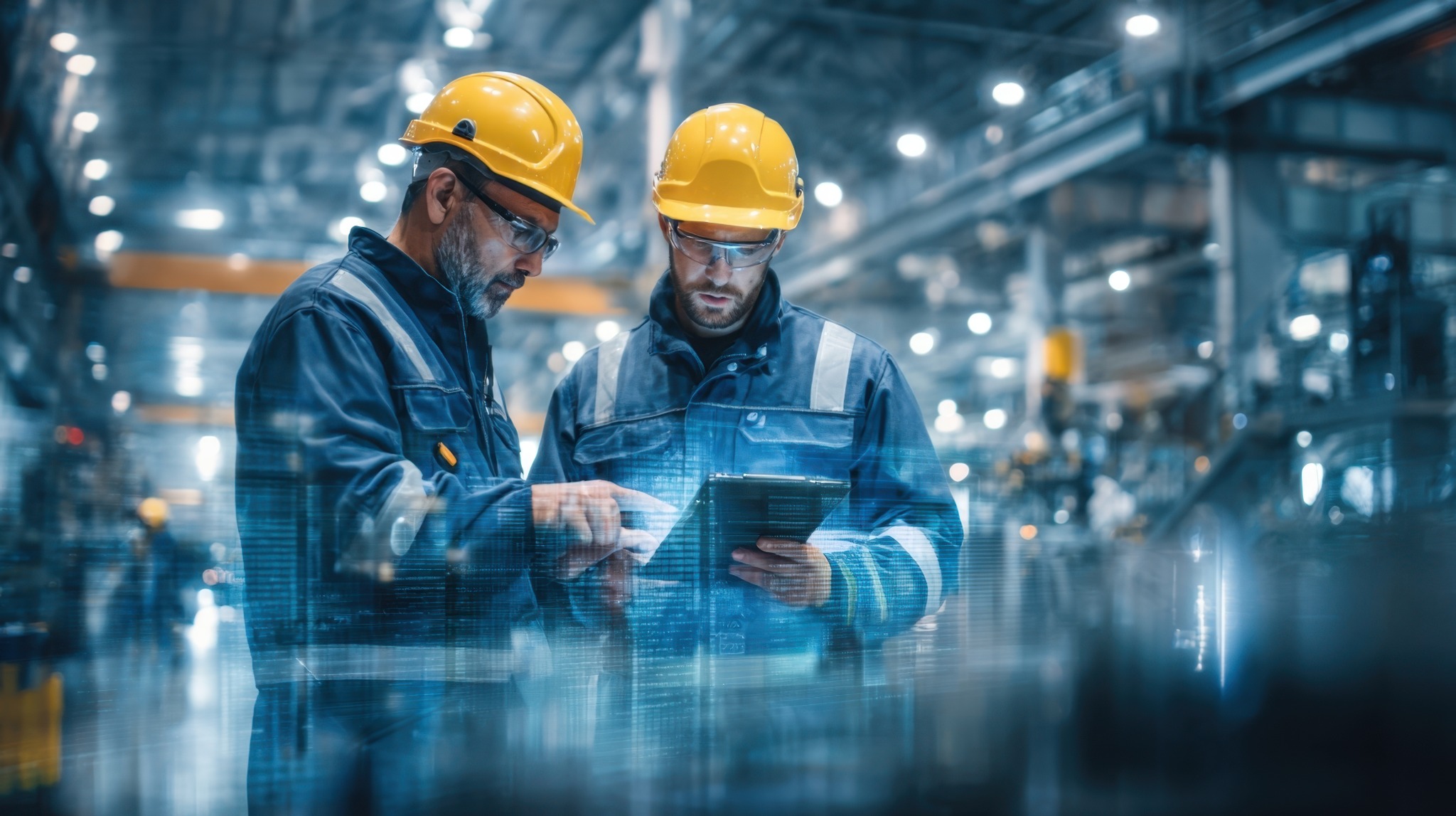 Two engineers reviewing information together on a tablet in a manufacturing facility.